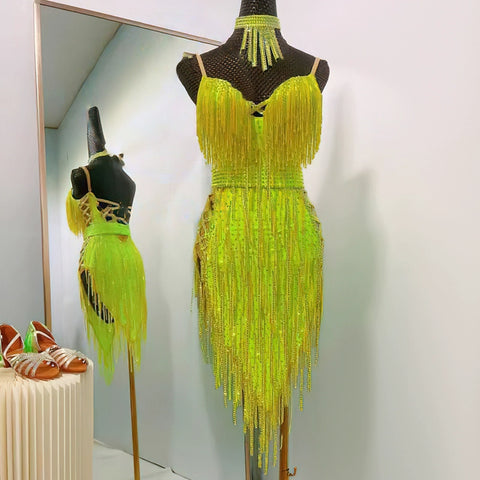 Custom Size Competition Latin Dance Dresses for Women Girls Pink Yellow Wine Bling Fringe Rumba Salsa Cha Cha Dance Wear