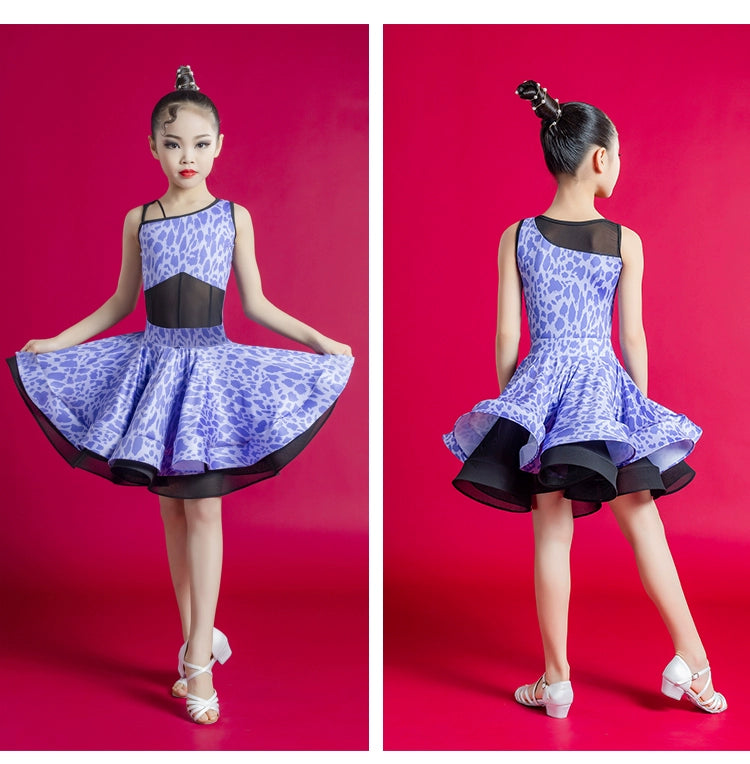 Latin Dance Dress for Girls Slant Neck Blue Purple Leopard Print Salsa Chacha Rumba Performance Costumes Split Set Party Dancing Outfits for Kids