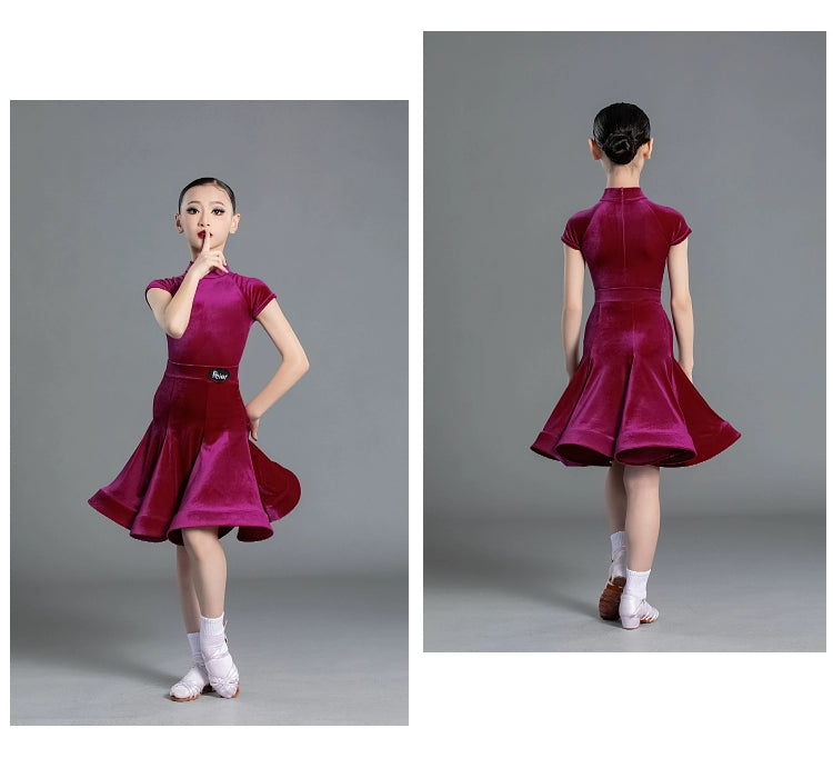 Latin Dance Competition dresses for kids girls  wine green Short Sleeves Standard  ballroom latin Competition Suit