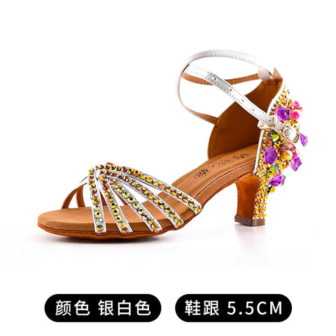 Bronze White Gemstones Latin Dance Shoes for Women Girls Pearl Purple Gemstones High-heeled Latin Ballroom Tango Salsa Jive Chacha Dance Sandals