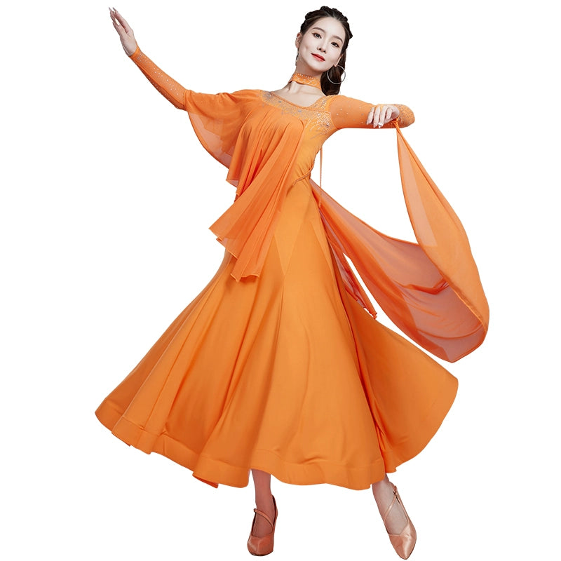 Orange Wien Blue Slant Neck Ballroom Dance Dresses for Women Girls National Standard Waltz Tango Social Professional Competitions Long Gown