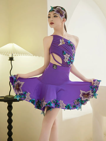 Purple embroidered flowers competition lain ballroom dance dresses for kids Girls salsa rumba ballroom performance outfits