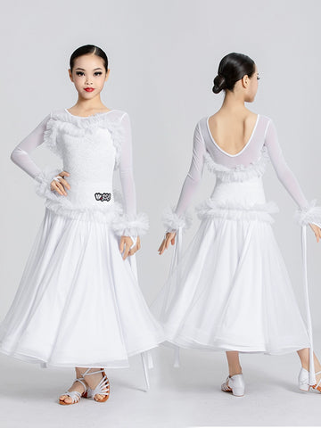 White Lace Long Sleeves Ballroom Dance Dresses for Girls Kids Children's Waltz Tango Art Test Competition Performance Costumes