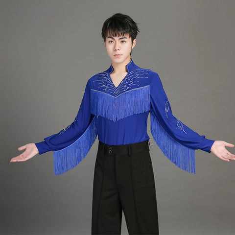 Men youth Modern dance ballroom latin performance royal blue shirts stage performance fringed tops for male