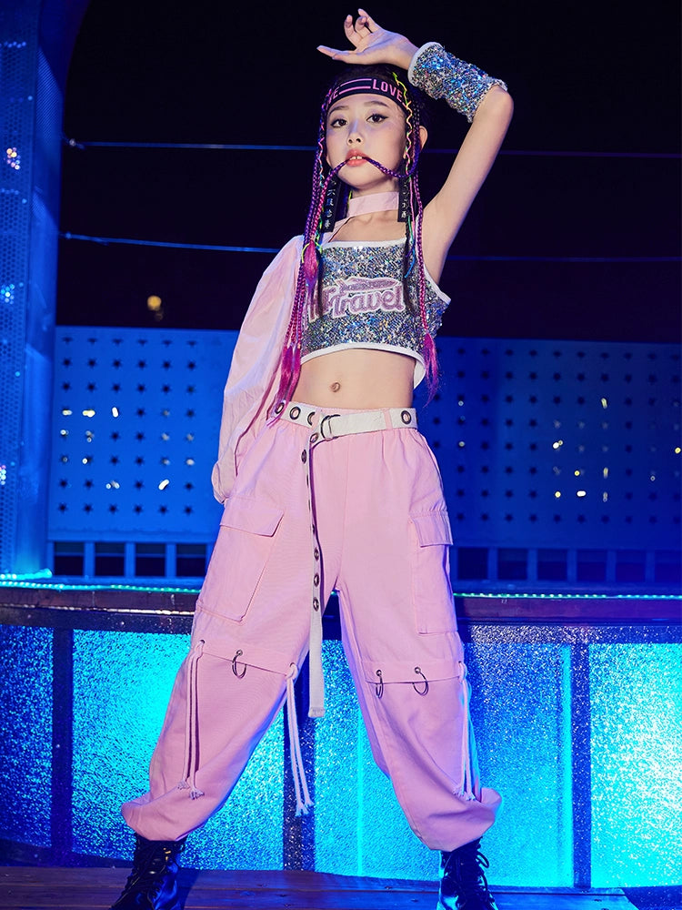 Children's pink sequined jazz street hip hop dance costumes glitter rapper singer model show trend performance clothes cargo pants for girls