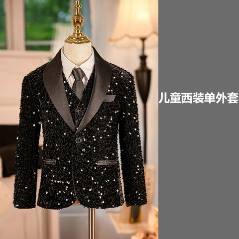 Children Boys Jazz Dance Black Sequined Coat Wedding Party Flower Boys Dress Suit Boy Host Pianist Performance Jacket British Style