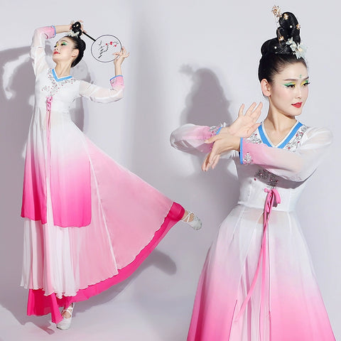 Pink green gradient chinese folk dance costumes women ancient traditional classical dance performance dresses female fairy hanfu