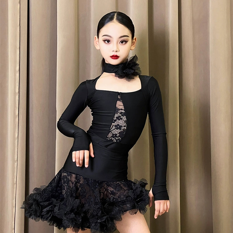 Girls Black lace rose flower Latin dance dresses for kids children girls ballroom salsa rumba chacha performance suit