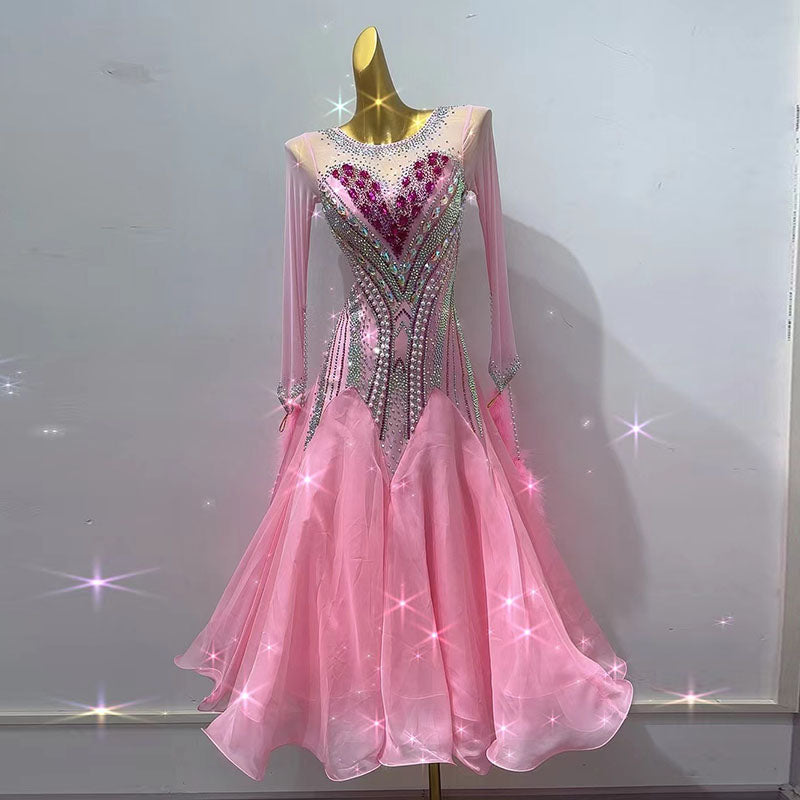 Customized Size Rhinestones Light Pink Competition Ballroom Dance Dresses for Women Girls Waltz Tango Foxtrot Rhythm Smooth Dance Swing Skirt