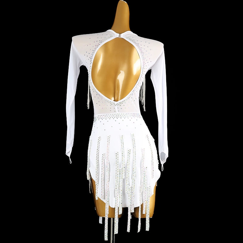 White Bling Fringe Latin Dance Competition Dresses for Women Girls Long Sleeves Salsa Rumba Chacha Senior Performance Skirts