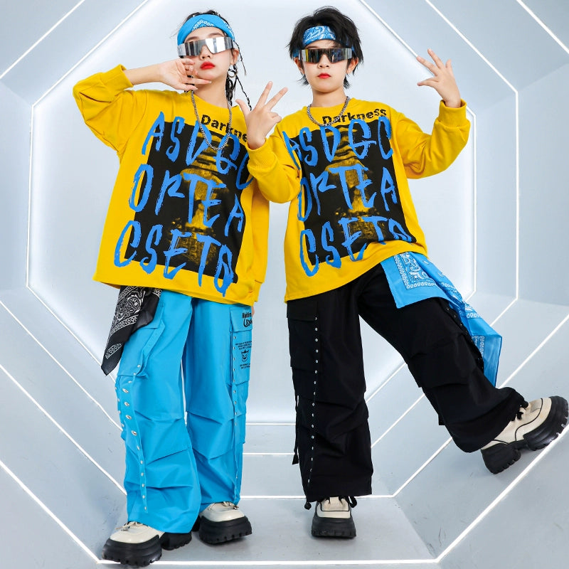 Kids Hip Hop Street Jazz Dance Costumes Boys Girls Blue Yellow Hiphop Fried Street Model Show Rapper Singers Catwalk Trendy Outfits for Children