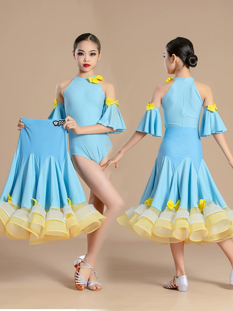 Blue with Yellow Modern National Ballroom Dance Dresses for Girls Kids Children's Waltz Professional Competition Practice Outfits for Children