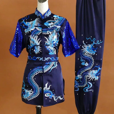 Customized size dragon Wushu martial art competition uniforms tai chi kungfu clothing for adult Children Changquan Nanquan Group Performance Suit