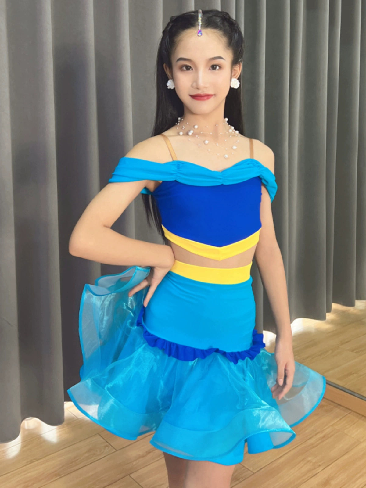 Blue yellow children's Latin dance dance dresses salsa ballroom performance skirts off-the-shoulder practice outfits for kids