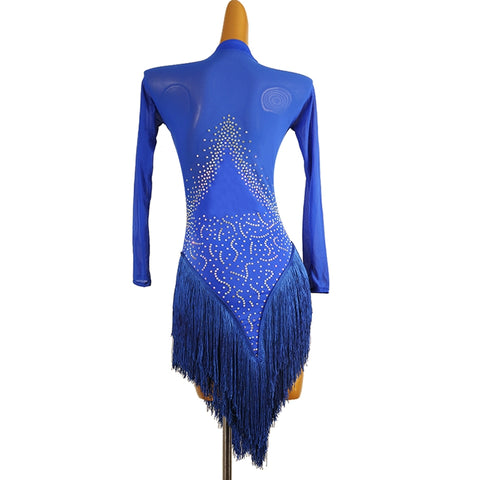 White Red Blue Fringe  Latin Dance Dress for Women Girls Purple Long Sleeves Rhinestones Competition Performance Rumba Chacha Dancing Costumes for Female