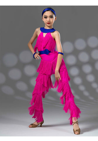 Hot Pink Blue Fringe Latin Dance Costumes for Kids Girls Salsa Rumba Chacha Dancing Jumpsuit Modern Performance Rompers for Children