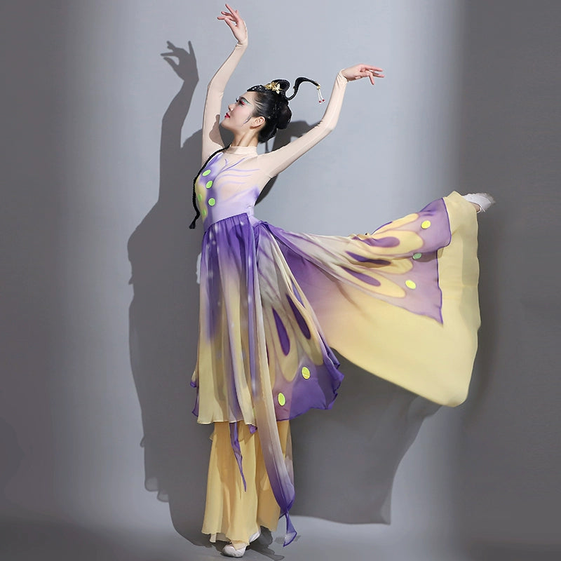 Women Purple Yellow Fairy Butterfly Dance Costumes Modern Dance Fluttering Butterfly Dream Butterfly Flying Repertoire Art Examination Dance Dresses