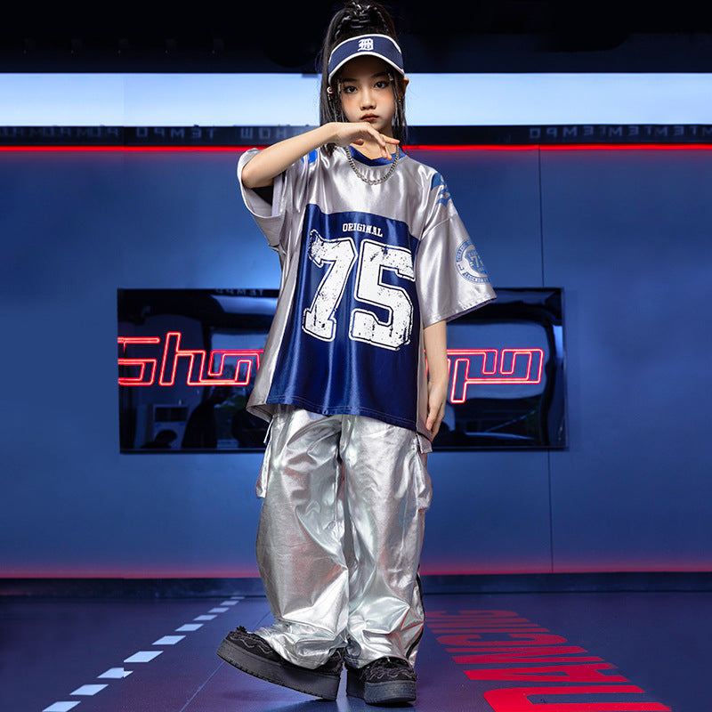 Street Hip Hop Jazz Dance Costumes for Girls Boys Rapper Singers Glitter Dance Blue Silver Clothing Gogo Dancers Modern Dance Outfits for Children