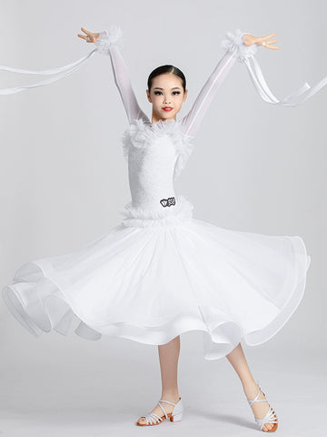 White Lace Long Sleeves Ballroom Dance Dresses for Girls Kids Children's Waltz Tango Art Test Competition Performance Costumes