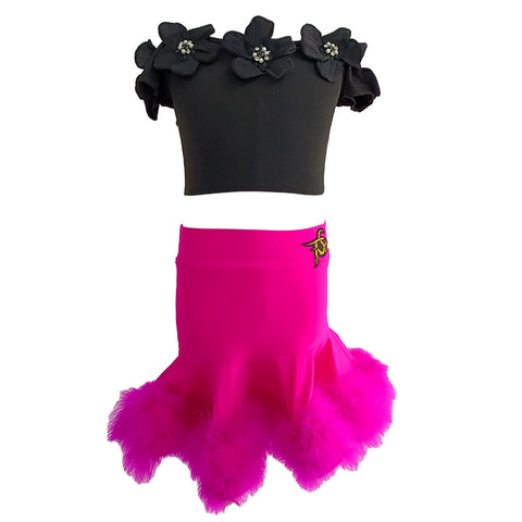 Hot Pink Feather Black Flowers Latin Dance Dresses for Girls Kids Dew Shoulder Salsa Rumba Chacha Ballroom Modern Dancing Outfits Performance Test Clothes