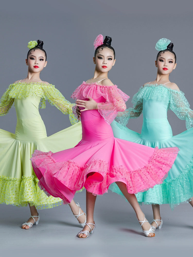 Girls Kids Pink Green Blue Polka Lace Ballroom Dance Dresses Children Ballroom National Ballroom Dance Long Sleeve Dew Shoulder Stage Performance Costumes for Kids