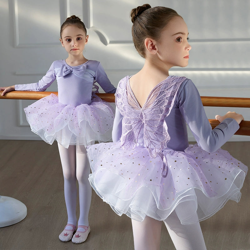 Children Girls Purple Blue Butterfly Fairy Ballet Dance Dresses for Kids Tutu Skirts Long Sleeves Back Fairy Bows Ballet Gymnastics Performance Skirts