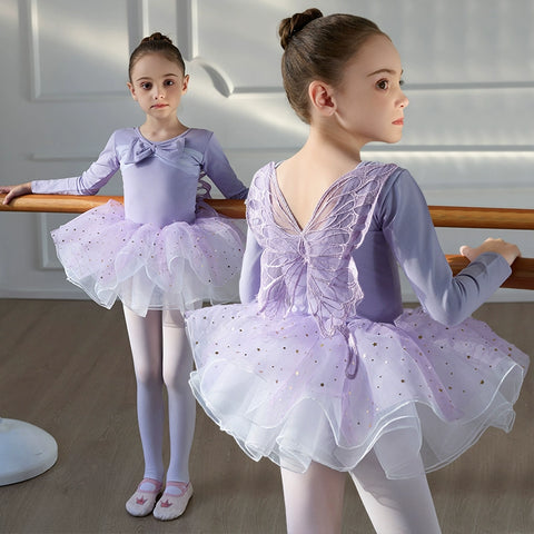 Children Girls Purple Blue Butterfly Fairy Ballet Dance Dresses for Kids Tutu Skirts Long Sleeves Back Fairy Bows Ballet Gymnastics Performance Skirts