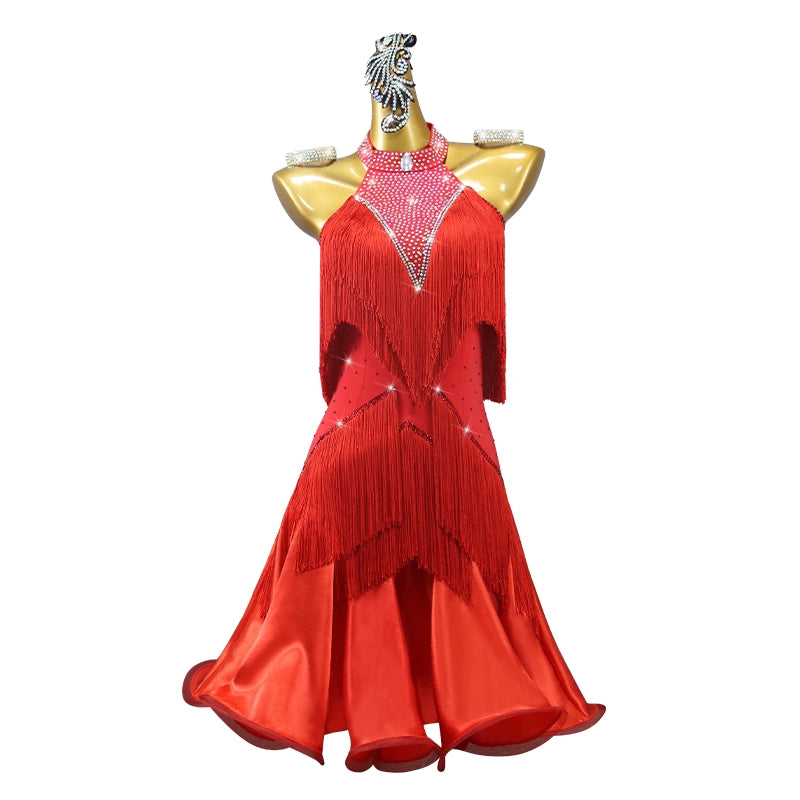 Professional Red Fringe Competition Latin Dance Dresses for Women Girls Rhinestones Senior Salsa Rumba Chacha Ballroom Contest Costumes