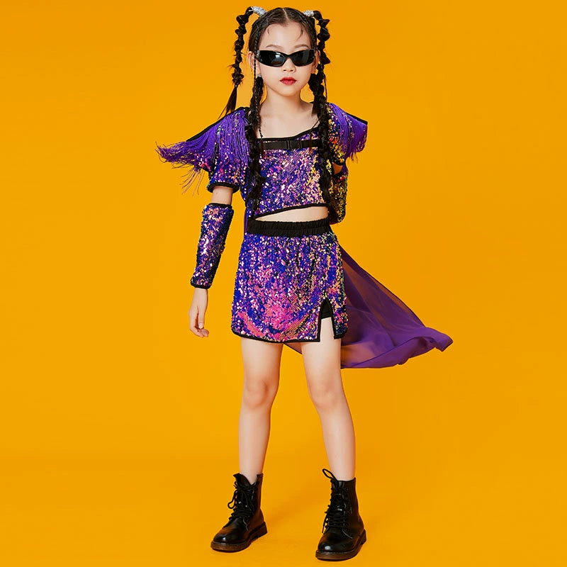 Children's Purple Red Sequins Street Jazz Dance Costumes Party Rapper Singers Gogo Dancers Wear Runway Model Walk Show Outfits