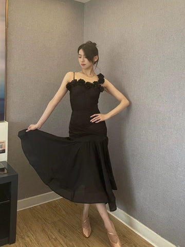 Women girls One Shoulder Slant Neck Flowers Ballroom Dance Dresses  Burgundy Black Waltz Tango Foxtrot Smooth Dance Rhythm Performance Long Skirts