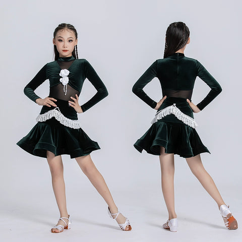 Latin Dance Dresses for Girls Kids Dark Green Velvet Long-sleeved Ballroom Salsa Chacha Rumba Latin Dance Skirt Performance Training Competition Dress