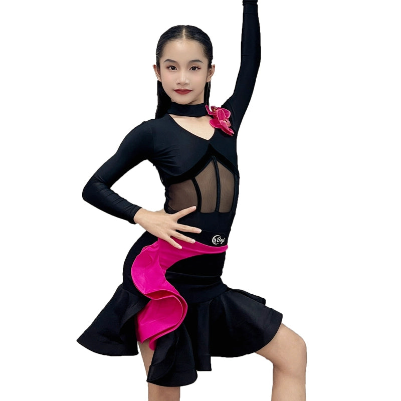 Black with Hot Pink Ruffles Latin Ballroom Dance Dresses for Kids Girls Professional Salsa Chacha Rumba Art Examination Standard Competition Costumes