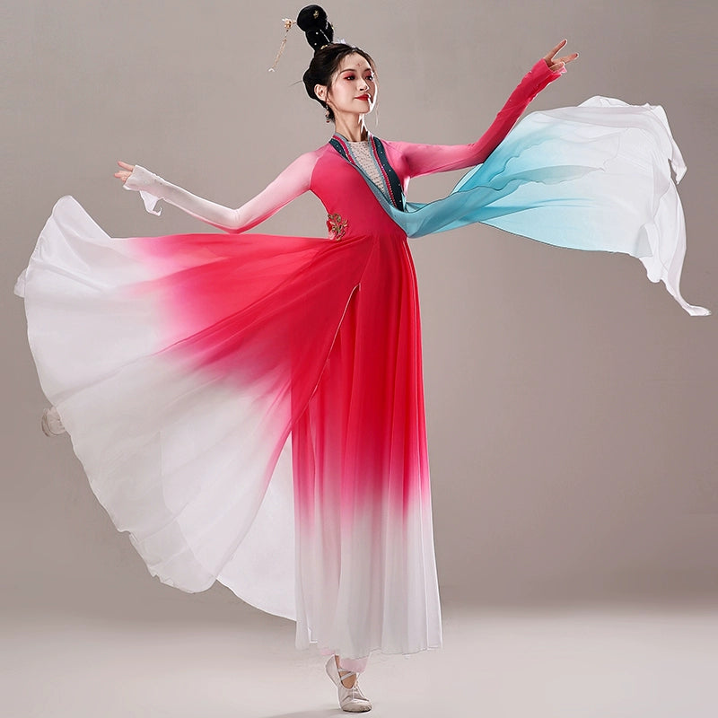 hot pink chinese folk Classical dance costumes hanfu fairy princess dress Female umbrella fan dance art test dance cltohes