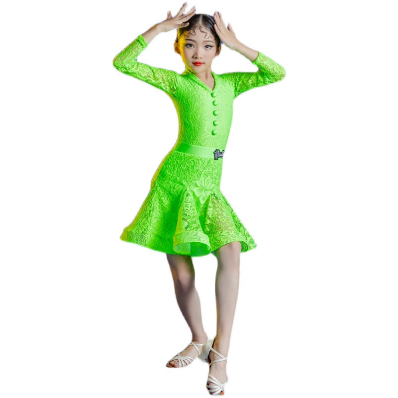 Neon Green Lace Latin Dance Dresses for Girls Kids Children's Latin Dance Competition Costumes Salsa Chacha Performance Skirts