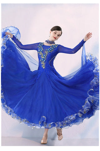 Women's Competition ballroom dance dresses for girls white pink blue waltz tango foxtrot rhythm moving dance long gown with float sleeves