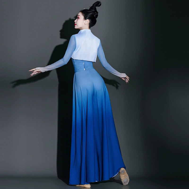 Blue chinese folk Classical dance costumes for women girls fairy umbrella fan dance hanfu Han Tang repertoire solo contest dance wear