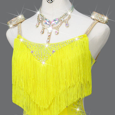 Yellow Latin dance competition Tassels dresses for women girls latin salsa rumba chacha ballroom performance contest dance clothes