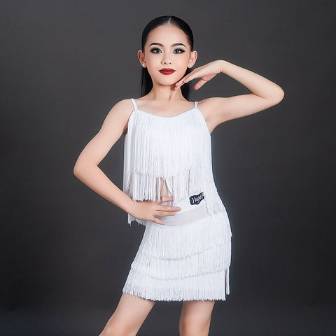 Girls wine white Latin dance  fringed dresses kids children fashion ballroom salsa rumba chacha solo performance practice suit