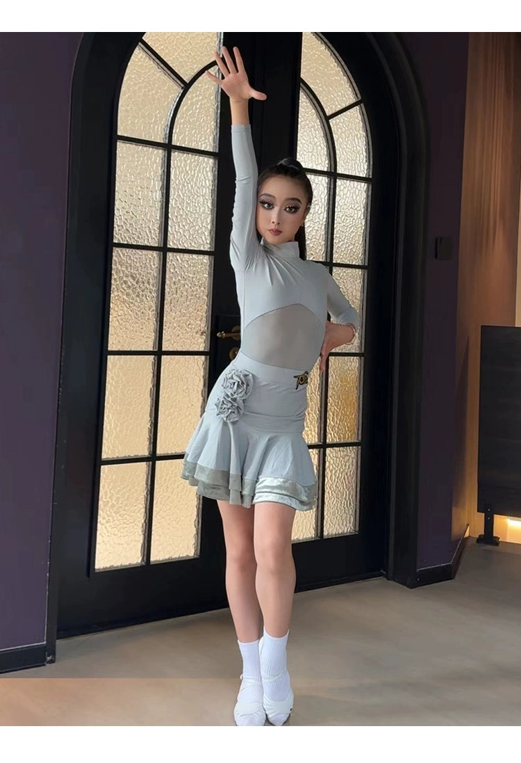 Grey Boneless Latin Dance Dresses for Girls Kids Flowers Long Sleeve Salsa Chacha Latin Ballroom Exam Competition Performance Skirt