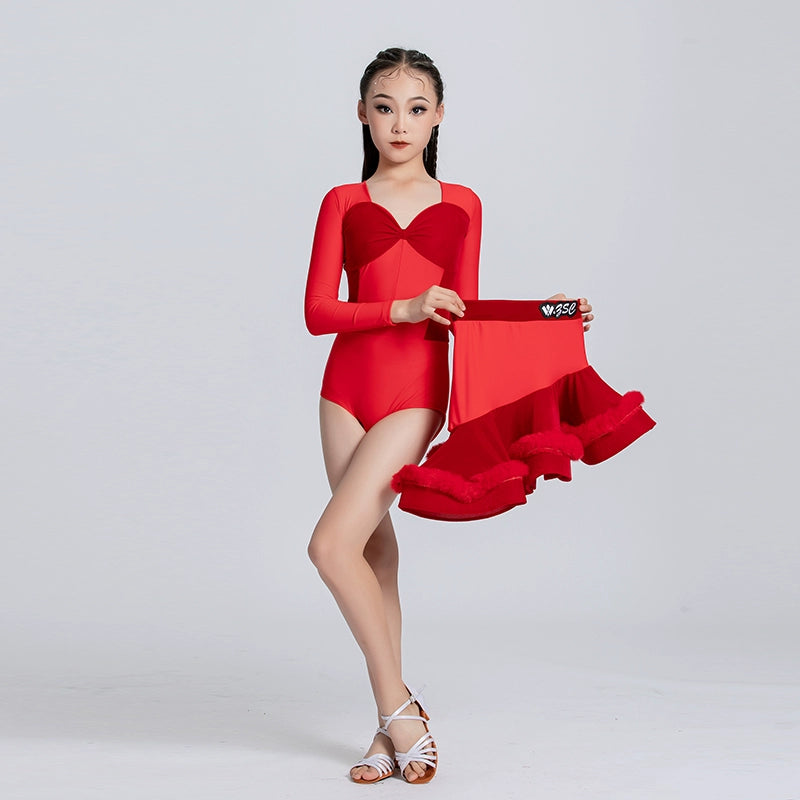 Girls red velvet Latin dance Dresses For girls kids Fur Edge competition  latin ballroom salsa rumba chacha Dance skirts Art test performance clothing