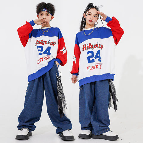 Hip Hop Jazz Street Jazz Dance Costumes for Boys Girls Red Blue Rapper Singers Gogo Dancers Performance Clothing for Kids