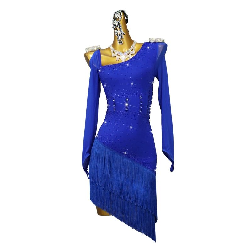 Royal Blue Fringe Competition Latin Dance Dresses for Women Girls Slant Neck One Shoulder Professional  Rhythm Cha Cha Jive Salsa Stage Performance Costumes