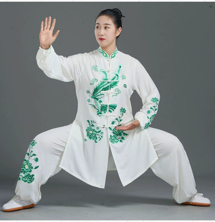 Custom Size Green Embroidered Phoenix Tai Chi Clothing for Women Competition Martial Art Wushu Performance Uniforms Brethable Clothes