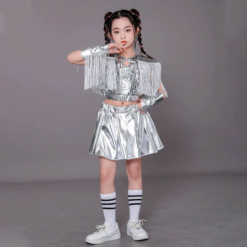 Children's Silver fringe Sequins jazz dance Costumes Hip Hop Catwalk Models Dance outfits for  Boys Girls