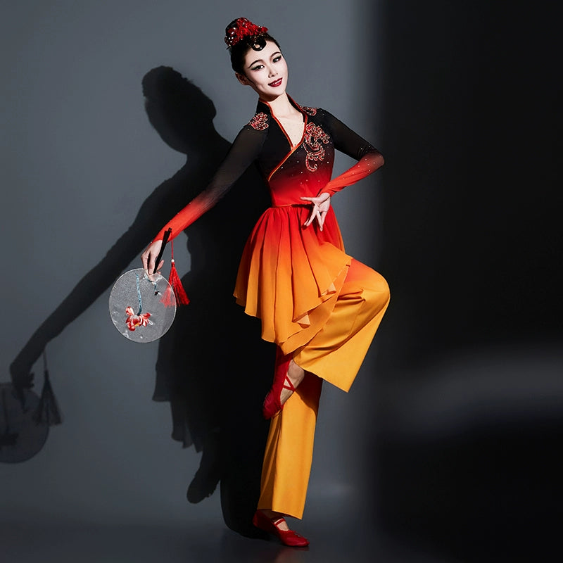 Red Chinese folk dance costumes for women girls Jiaozhou Yangge dance performance uniform classical fan dance repertoire dance art test wear