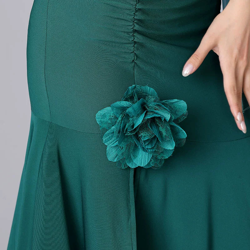 Modern Dark Green Blue Flowers Ballroom Dance Skirt for Women Girls Sexy Side Slit Professional Waltz Tango Dancing Long Skirts for Lady