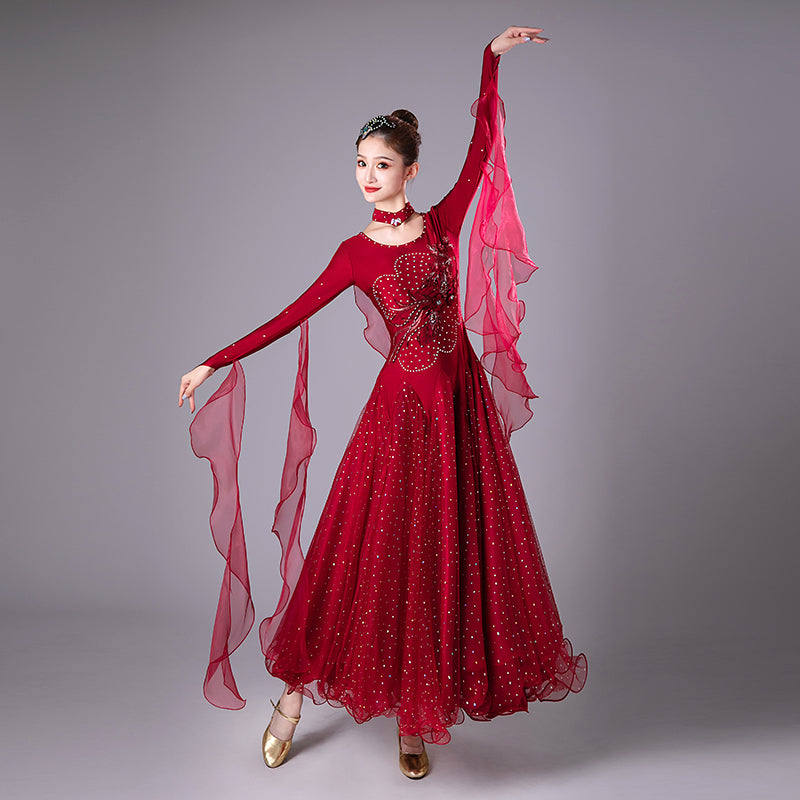 Wine Competition Ballroom Dance Dresses for Women Girls  Embroidered Diamond Waltz Tango Performance Gown