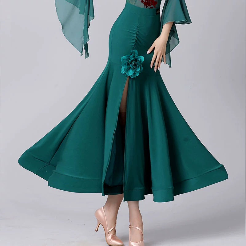 Modern Dark Green Blue Flowers Ballroom Dance Skirt for Women Girls Sexy Side Slit Professional Waltz Tango Dancing Long Skirts for Lady