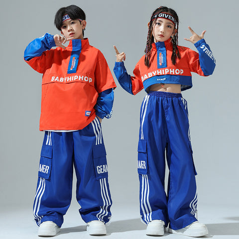 Girls Boys Hip Hop Jazz Dance Costumes Orange Blue Cheerleading Performance Class Uniforms Kids Rapper Singers Gogo Dancers Outfits