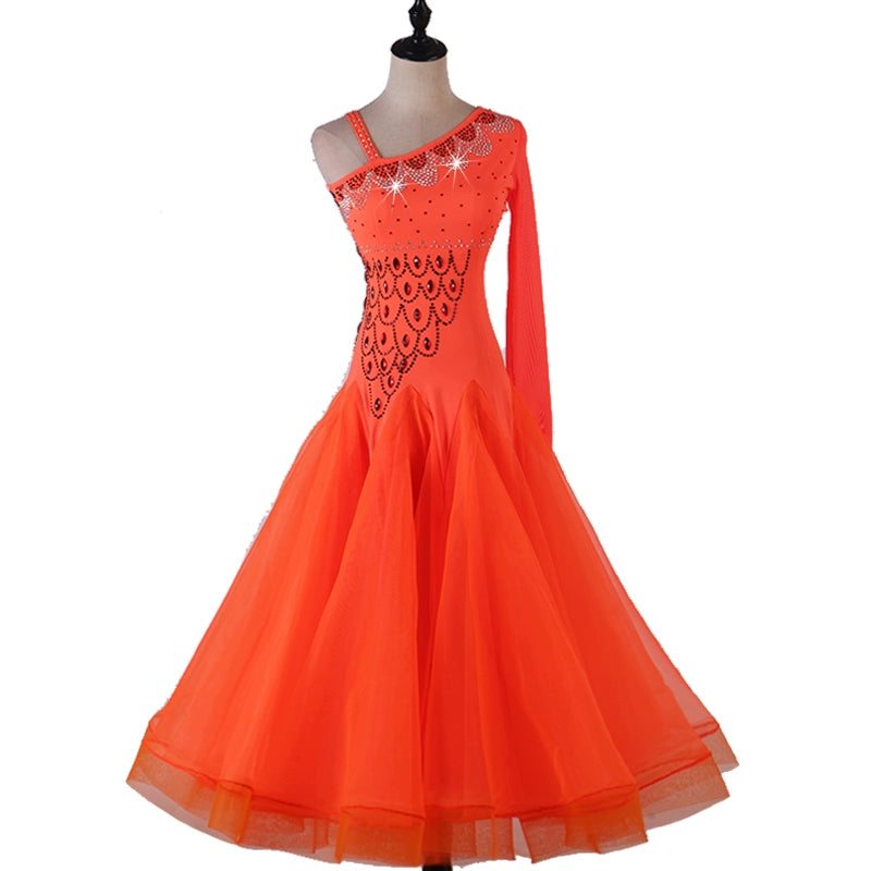 One Shoulder Rhinestones Competition Ballroom Dance Dresses for Women Girls Orange Black Waltz Tango Foxtrot Rhythm Performance Long Gown